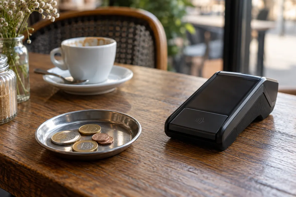 Kartenterminal und Euromünzen beim Bezahlen im Café