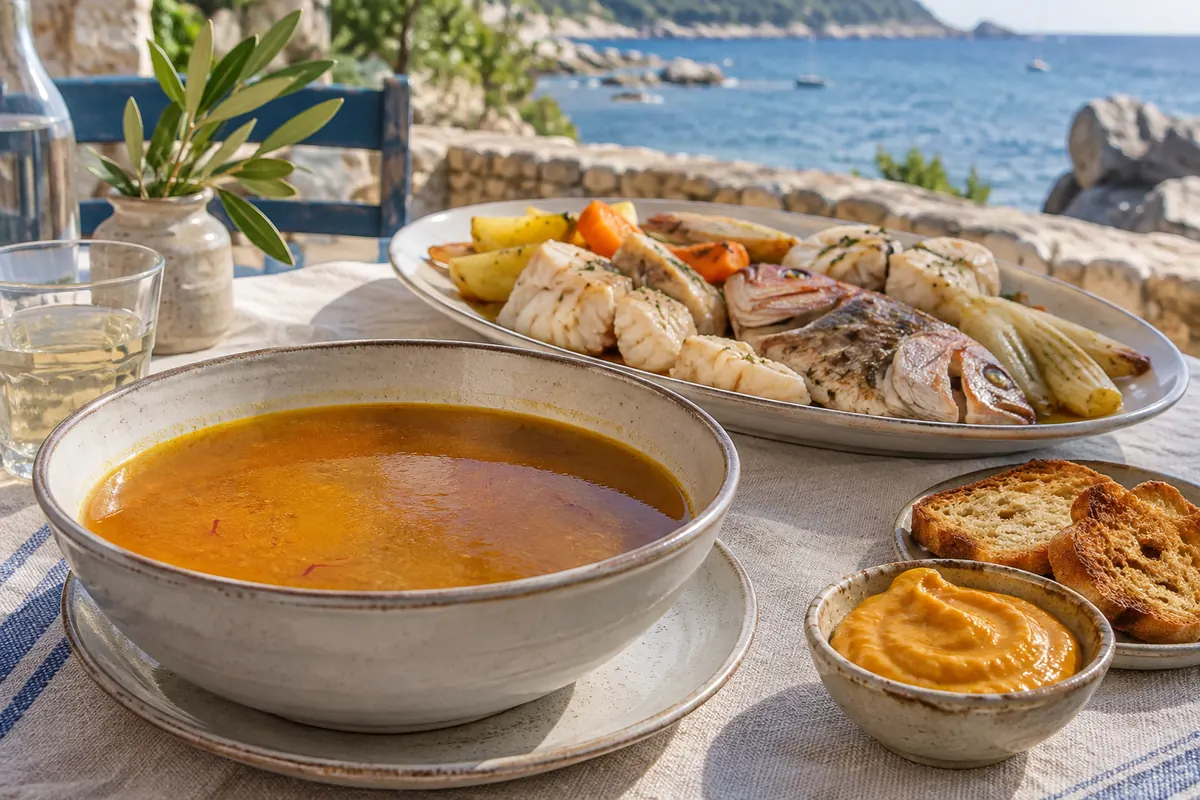 Bouillabaisse mit Fisch, Rouille und Croûtons