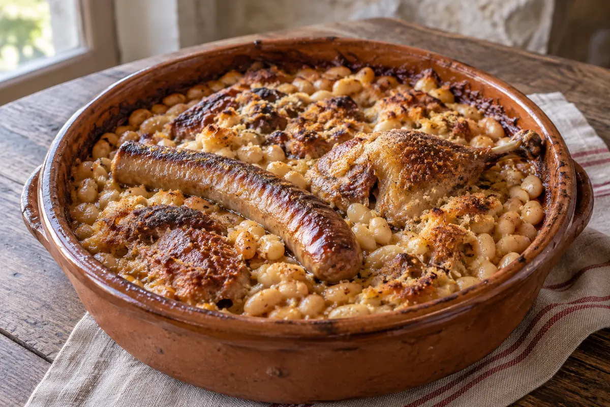 Cassoulet mit weißen Bohnen, Wurst und Ente im Tontopf