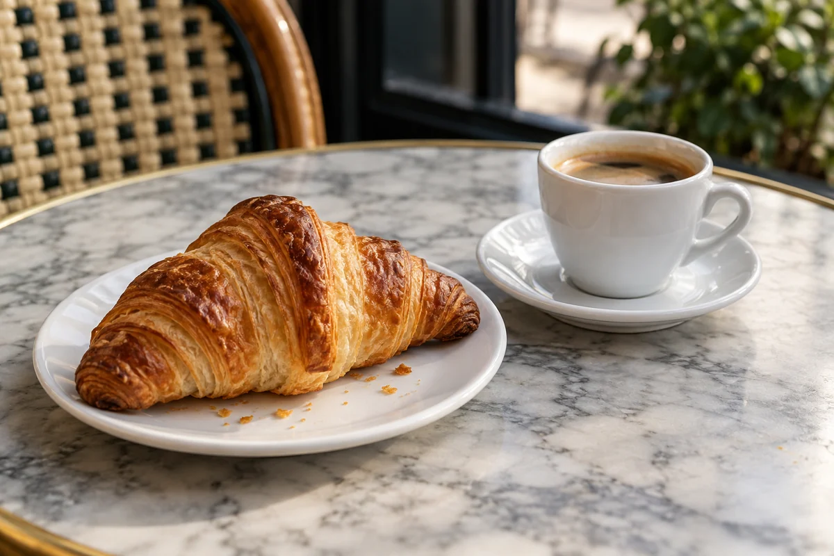 Croissant und Kaffee auf einem Marmortisch