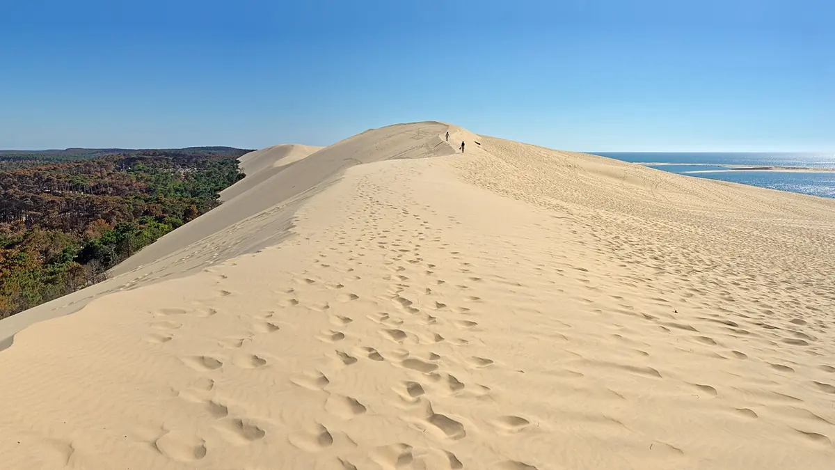 Fußspuren auf dem sandigen Kamm der Dune du Pilat zwischen Atlantik und Pinienwald.