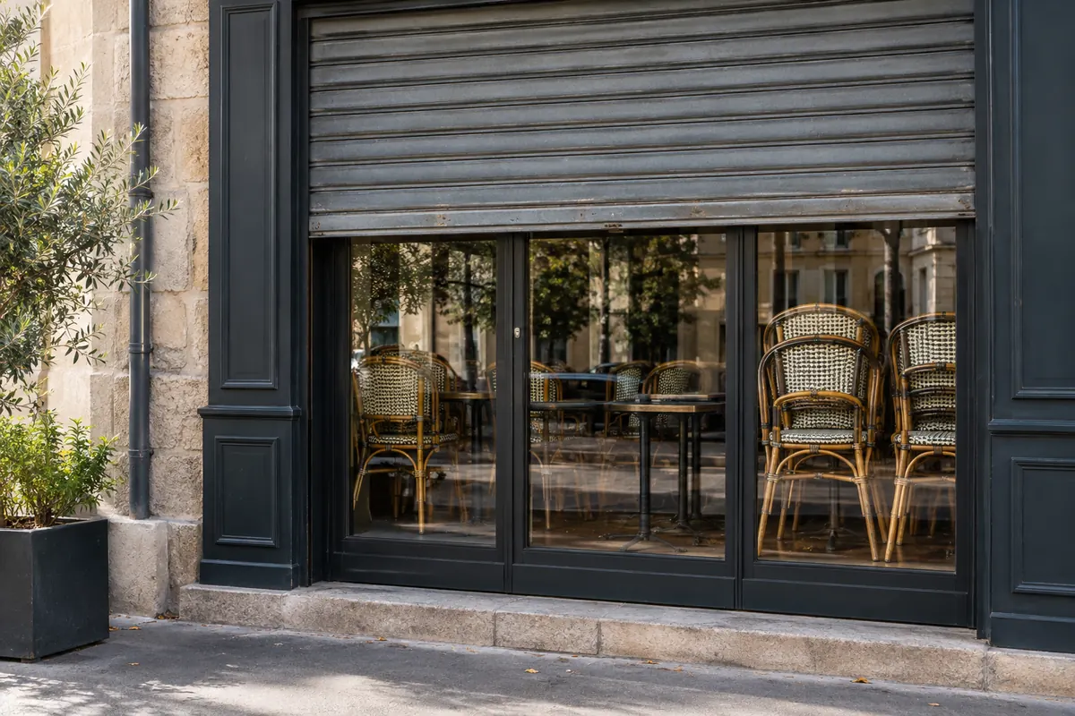 Geschlossenes Bistro mit gestapelten Stühlen