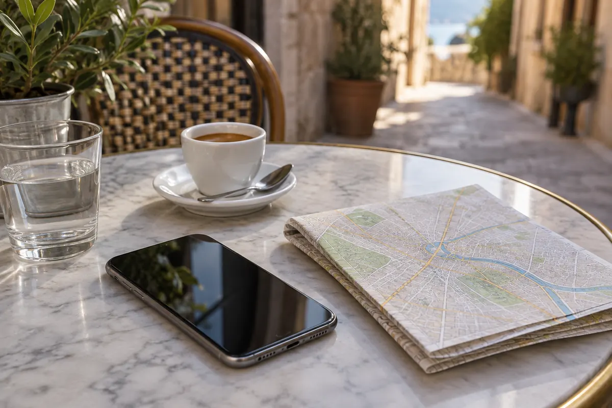 Smartphone, Stadtplan und Kaffee auf einem Cafétisch