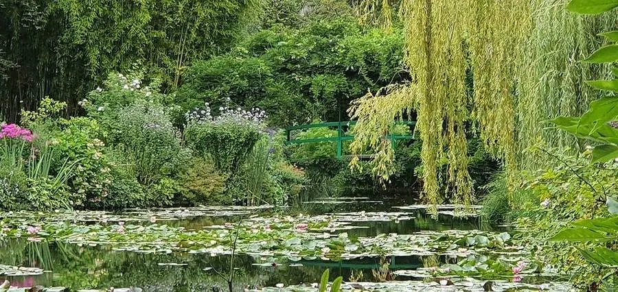 Seerosenteich und japanische Brücke in Claude Monets Garten in Giverny.