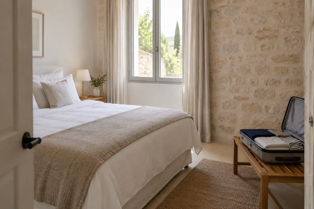 Gästezimmer mit hellem Bett und Platz für das Reisegepäck
